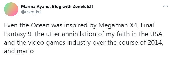 tweet screenshot from Marina: Even the Ocean was inspired by Megaman X4, Final Fantasy 9, the utter annihilation of my faith in the USA and the video games industry over the course of 2014, and mario