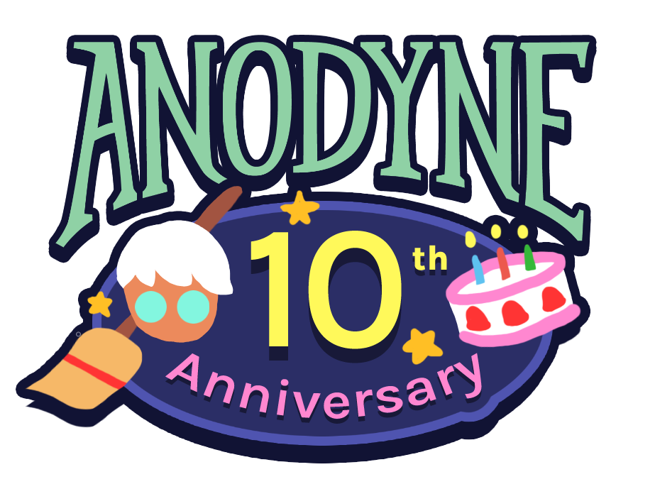 A logo of Anodyne with a '10th anniversary' icon below. Young's head, a broom and cake are there.
